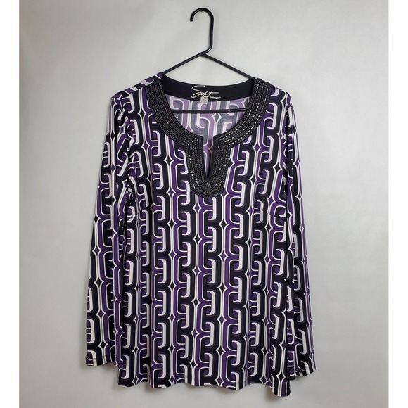 Soft by Avenue Tops - Soft by‎ Avenue Geometric Print Beaded Neckline Long Sleeve Tunic Women 14/16